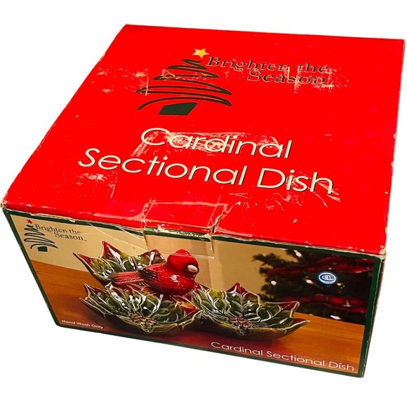 Cardinal Christmas Serving Dish Holly Leaf Relish Tray Candy Nuts Vintage - Picture 9 of 10